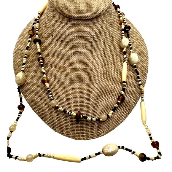 Extra Long Statement Boho Glass Bead Necklace Brown Cream Continuous 46" - Picture 2 of 5